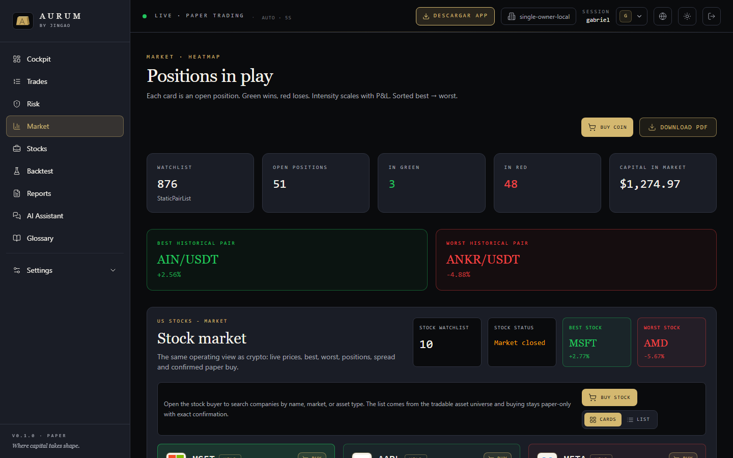 AURUM market screen with crypto and stock paper actions